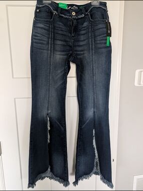 INC International Concepts Dark Blue Distressed Flare Jeans